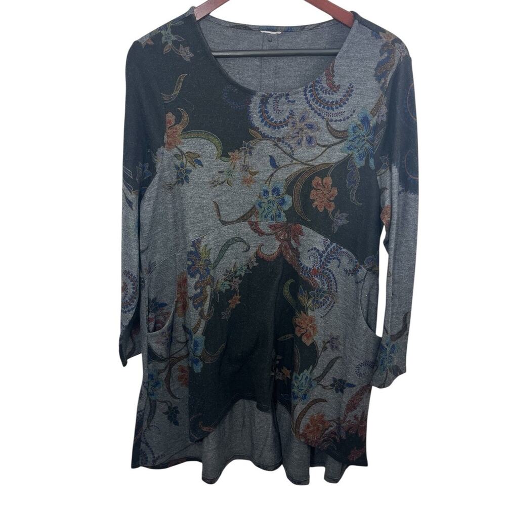 Chicos Boho Floral Paisley Tunic Shirt High Low Hem Back Button Top Large Y2K